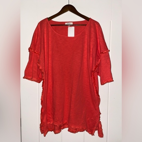 Umgee Women L Scoop Neck Half Sleeve Orange Fringe‎ Tunic Top Boho Peasant - Picture 6 of 7